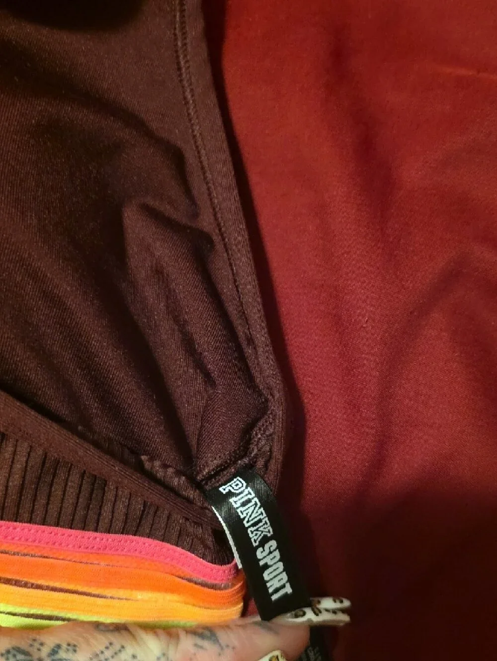 Ribbed Brown Strappy Bralette with Neon Rainbow Trim - Picture 2 of 3